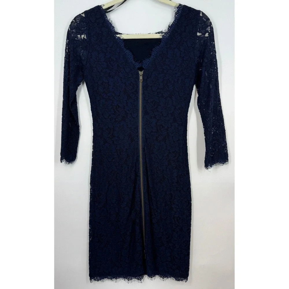 Diane von Furstenberg Navy Lace Sheath Sheer Dress Zipper Front‎ Size 2 Business - Picture 2 of 10